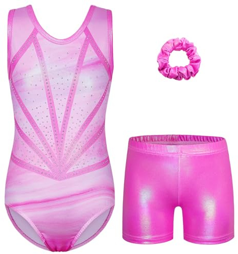 ZNYUNE Turnanzug Mädchen mit Hose Ärmellos Tanzbody Leotard Schnelltrocknend Langlebig für Gymnastik 3-16 Jahren Kinder B381 Pink 6A