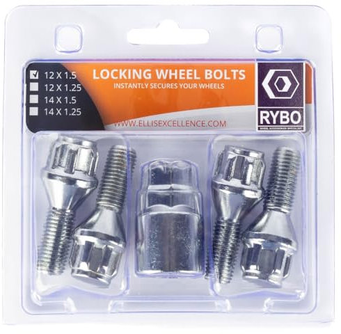 RYBO Set of 4 M12 x 1.5 Tapered Alloy Wheel Locking Bolts (Silver, 26mm Thread Length)