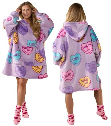 OHS Candy Hearts Hoodie for Women, Warm Snuggle Blanket Hoodies for Women Comfy Soft Fluffy Wearable Blanket Ultra Soft Sherpa Fleece Hoodie - One Size, Purple
