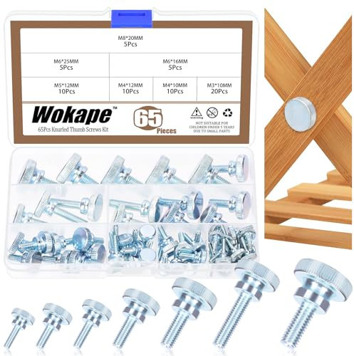Wokape 65Pcs gerändelt Rändelschraube Sortiment Kit, M3 M4 M5 M6 M8 verzinkt Kohlenstoffstahl gerändelt Rändelschraube flach gerändelt Kopf Vollgewinde Bolzen Fastener