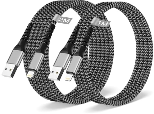 Câble iPhone Apple Certifié MFi, Lot de 2/1M+2M Câble Lightning USB Câble Chargeur i-Phone Nylon Cordon Phone Fil Chargeur i-Phone Charge Rapide pour iPhone 14/13/12/11 Pro Max/XS/XR/8/7/6/5/SE,iPad