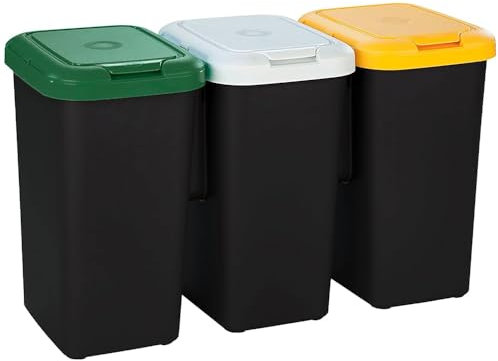 BuyStar Set 3 Bidoni per il Riciclaggio 75 litri Totali 3x25 lt Struttura Unica in Plastica 78,5x32px47,4h cm Base Nera 3 Coperchi, Giallo, Bianco, Verde + Etichette Adesive per Differenziare