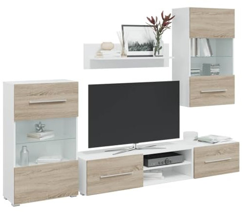 Homgoday Inredning TV-skåp 5 st med LED-belysning Ek Sonoma Spånskiva, Möbler TV Dörr Bas Skåp för TV-bord Industriellt Vardagsrum TV-ställ