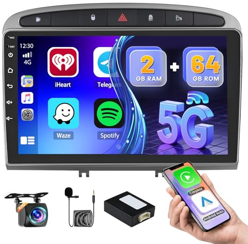 2+64GB Android Autoradio för Peugeot 308/408 2007-2015 Trådlös Carplay Android Auto, 9 Skärm Bluetooth Auto Radio Navi Backkamera WiFi FM RDS Radio SWC