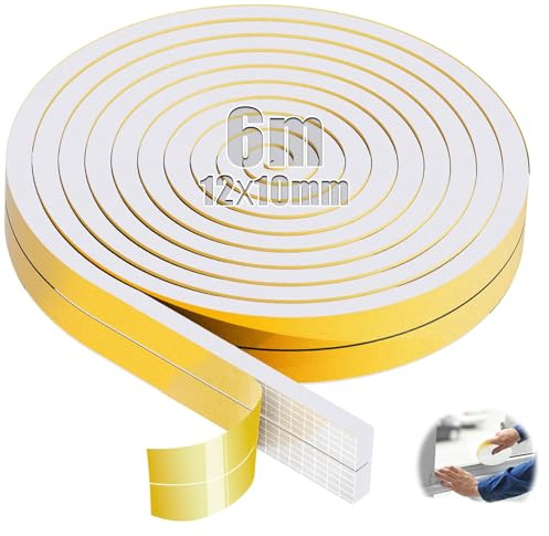 SWTYExt Moosgummi Selbstklebend 12mm(B) x10mm(D) Schaumstoffband 6m Weiß | Vorlegeband, Dichtband, Türdichtung, Dichtungsband, für Fensterfugen, Schranktürkanten, Kochfelder