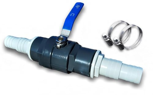 Wartungshahn massive Ausführung aus PVC m. Edelstahlgriff und 2x Edelstahl Schlauchschellen für Schlauch Ø 32 / 38mm - Pool Absperrhahn Absperrventil Kugelhahn