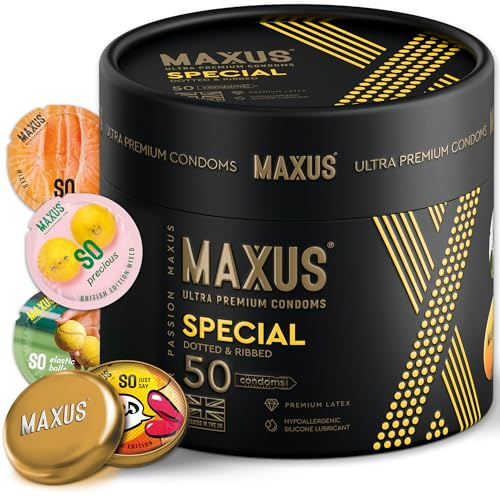 MAXUS Special, 50 Dotted & Ribbed Lubricated Condoms for Men, Regular Fit, Natural Latex, Easy-On Shape, Premium Quality, Includes Stylish Metal Case, Pack of 50