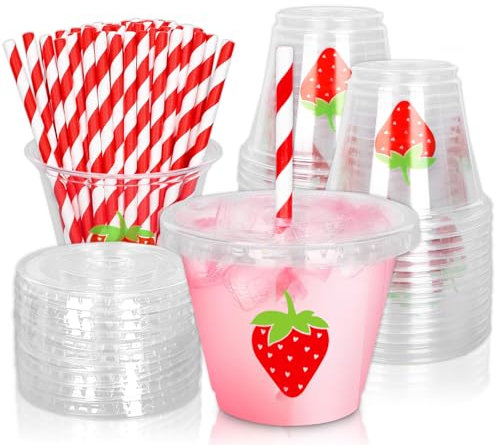 Vasos de plástico desechables de fresa con tapas y popotes, 100 unidades, vasos de fiesta de 9 onzas para bebidas frías, café helado, batidos, jugo, té