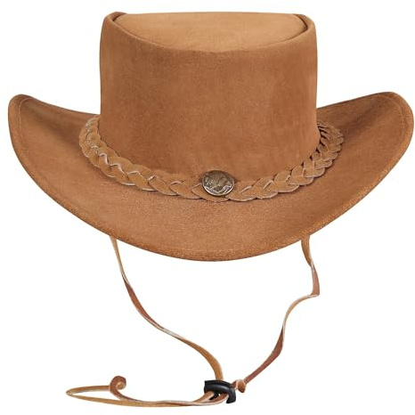 URBAN 5884 Cowboyhut aus echtem Leder Wildleder, Western-Hut aus Rindsleder mit Verstellbarer Krempe und Kinnriemen