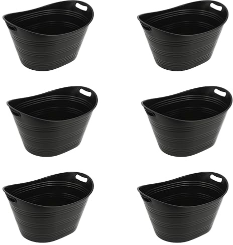 Celebrate It 21 Black Plastic Ice Tub – Large Drink Bucket with Built-In Handles for Parties, BBQs & Tailgating, 6 Pack