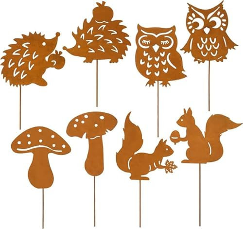 Nilioyul 8 tappi da giardino in ruggine per decorazione autunnale all'aperto, decorazione da giardino con scoiattolo, gufo, funghi, spina in ruggine su entrambi i lati, per vaso di fiori e terrazze