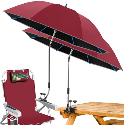 2PACK 48.7inch Umbrella for Beach Chair, 360°Adjustable 50+ UV Protection Large Camping Chair Umbrella with Universal Clip for Glof Cart, Garden Table, Bleacher（Chair,Table not include）