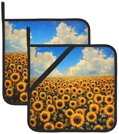 Set di due presine quadrate resistenti al calore con immagine di girasole dorati, 20,3 x 20,3 cm, tessuti di qualità, anti-scottatura e facili da pulire