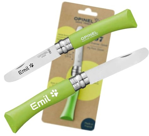 OPINEL Mein erstes Kindermesser mit persönlicher Gravur – sicheres Holzmesser für Kinder | vorne abgerundete Spitze | rostfrei | Virobloc | Geschenk (Grün)