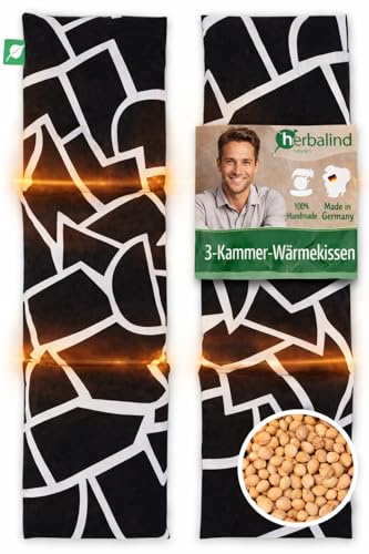 HERBALIND Kirschkernkissen 50x15 cm 3-Kammer schwarz-weiß Grafik – 630gr Kirschkerne & 100% Baumwolle - Natürliches Wärmekissen Mikrowelle & Backofen – Wärmflasche Handmade in Germany (geometrisch)