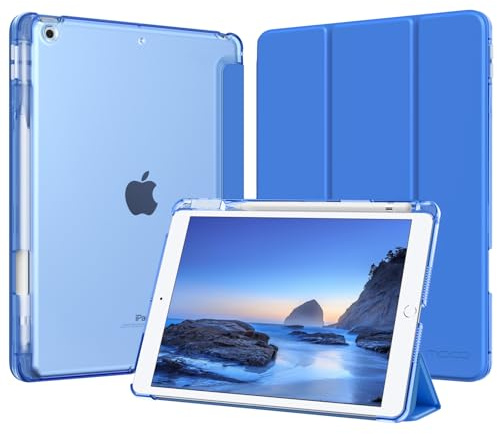 MoKo Coque pour iPad 9e/8e/7e Génération 10,2 Pouces avec Porte-Stylet | Pour iPad 10,2 Coque 2021/2020/2019, Mince Léger Étui à Trois Volets avec Coque PC Arrière Translucide Robuste, Bleu Cobalt