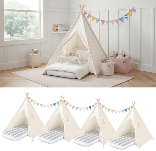 Wilhunter 4 Pack Teepee Tent for Kids with Inflatable Airbed, Light, Indoor Toddler Sleepover Tents Children Room Tents for Slumber Party, Outdoor Kids Play Tent Play House for Girls & Boys