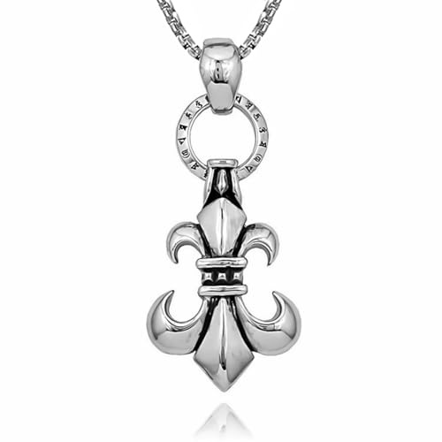 Collana in Acciaio Inossidabile Gotica Punk con Giglio Reale per Uomini - Ciondolo Simbolo di Giglio con Anello Runico, Gioielli Scout, Accessorio Statement Biker Vintage Edgy
