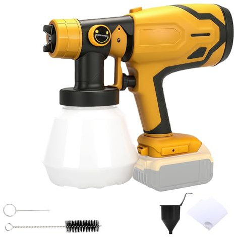 Färgpistol kompatibel med 18 V 20 V batteri, HVLP elektrisk färgpistol, 1 000 ml tank, med 4 munstycken, justerbart flöde för staket, väggar, tak (inte batteri) (DW gul)
