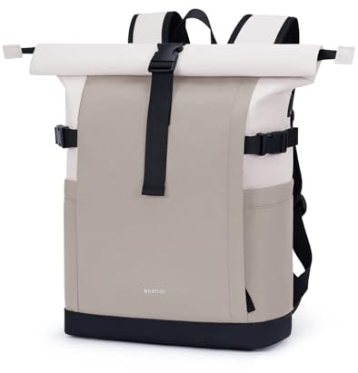 ECOHUB Rolltop Rucksack 20–27L, 15.6 Zoll Laptop Rucksack mit Schnellzugriff auf das Hauptfach ohne Öffnen des Rolltops, Urbaner Tagesrucksack für Alltag, Arbeit, Uni und Reisen(Sand Khaki)