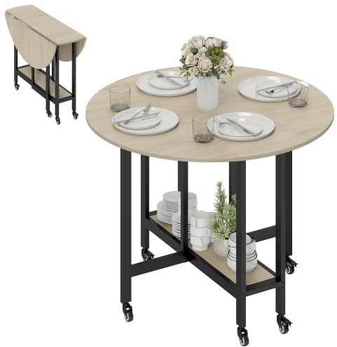 HOMCOM Esstisch Klappbar, Runder Küchentisch, 100 x 100 x 75 cm, Natur | Mit Ablage, für 2-4 Personen, Klapptisch Esszimmertisch, mit Rollen, für Kleine Räume, Esszimmer, Küche