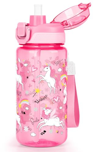 omedecal 600ml Kids Water Bottle with Pop-Up Lid & Lock, Unicorn | BPA-Free · 2-in-1 Removable Straw or Direct Drink Plastic Water Bottle, Dishwasher Safe, Handle Strap, Boys & Girls