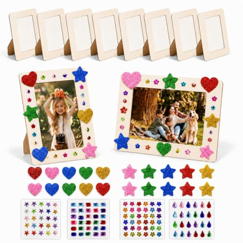 Bilderrahmen Holz Set zum Bemalen, 8 Stück Fotorahmen Bastelset aus Holz | Holzbilderrahmen zum Selbstgestalten mit Glitzersteine & Sticker, für Kinderzeichnungen, DIY Kunsthandwerk, Dekoration