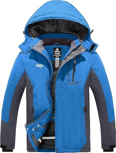 Wantdo Homme Veste de Ski Coupe-Vent Imperméable Veste Sport Outdoor Montagne Anorak Randonnée avec Capuche Manteau Hiver Chaude Polaire Bleu S