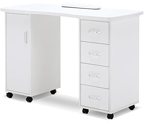 BarberPub Manicure Table - Acetone Resistant Nail Desk with 4 Drawers, 2 Cabinets, Lockable Wheels, Wrist Pad for Nail Tech, Beauty Salon - White