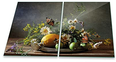 decorwelt | Herdabdeckplatten 2x40x52 cm 2-Teilig Blumen Beige Ceranfeldabdeckung Universal Spritzschutz Glas Deko Elektroherd Induktion für Kochplatten Herdschutz Schneidebrett Sicherheitsglas