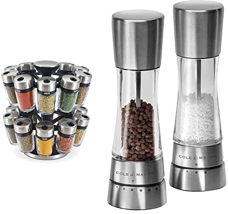 Cole & Mason H121809 Cambridge Gewürzregal & H59408G Derwent Edelstahl Salz und Pfeffer Mühle, 2er Set Manuell, Edelstahl/Acryl, 190mm, Precision+, Geschenkset