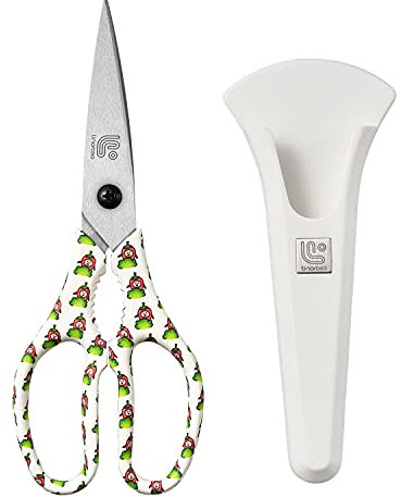 Linoroso Heavy Duty Kitchen Scissor Ultra Sharp Utility Scissors with Cover, Cooking Cutting Stainless Steel Food Shears for Meat Poultry Fish Chicken Pizza Vegetables Herbs BBQ Nuts - Chili Graphic