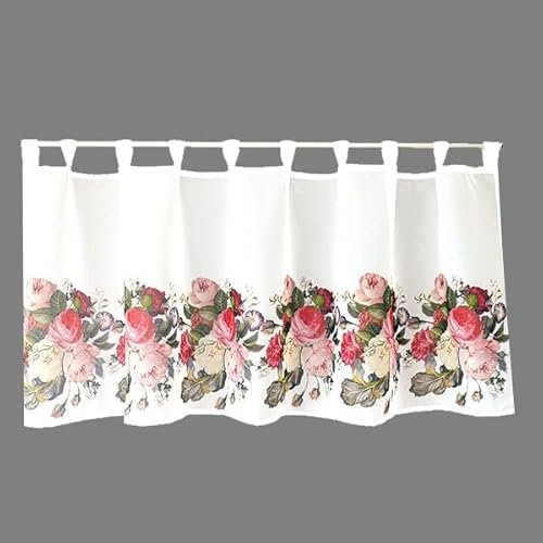 Raebel OHG Scheibengardine Bistrogardine Küchengardine Gardine Panneaux blickdichter Stoff Bedruckt mit roten und rosa Rosen auf weissem Untergrund (30 x 150 cm)