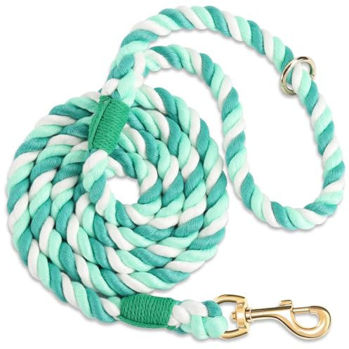NUGUTIC Laisse pour chien en corde de coton tressé à la main pour chiens de petite, moyenne et grande taille, fermoir en métal doré robuste, vert mousse, 1,5 m