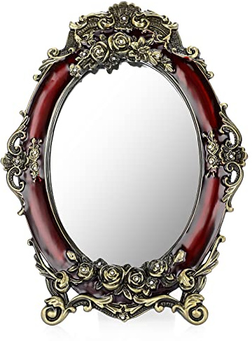 JUXYES Kleiner Tischspiegel, Vintage-Stil, Metall, Schreibtischspiegel mit Ständer, antike geprägte Rosen, Arbeitsplatte, Make-up-Spiegel, oval, kosmetisch, dekorative Spiegel für Tischaufsätze