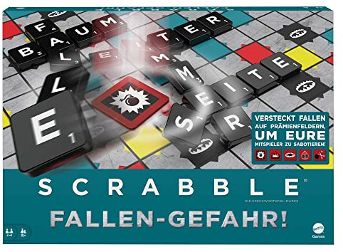 Mattel Games HLM17 - Scrabble Fallen-Gefahr (deutsche Version), Kreuzworträtsel-Brettspiel, Familien-Spiel für Erwachsene und Kinder ab 10 Jahren