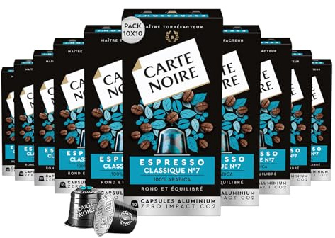 CARTE NOIRE - Café Capsules Espresso Classique N°7 - Compatible Nespresso® | 100% Arabica - Rond & Equilibré - Notes de Chocolat & Agrumes - Fabriqué en France - 10 x 10 Capsules Aluminium