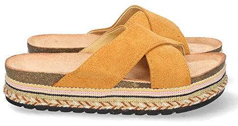 66192-Sandalia para Mujer, con Palas Cruzadas, con Piso de Bio y Yute, Decoracion de Motivos Etnicos, Primavera Verano 2022. Talla 36 Camel