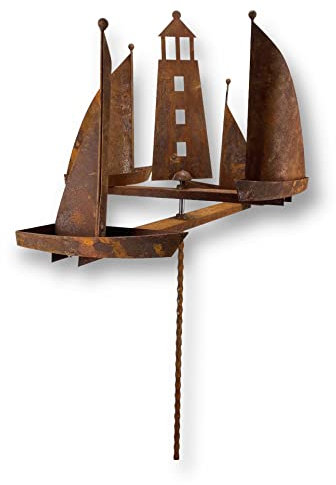 Metall Windrad 'Segelboote' - massives Windspiel Windmühle für den Garten - wetterfest und standfest - mit besten Kugellagern - aus Vollmetall mit Edelrost-Patina – Höhe 190 cm