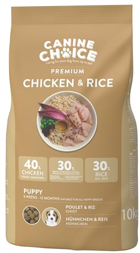 Canine Choice Premium Puppy Trockenfutter für Hunde - Huhn & Reis 10 kg | 40% Huhn, 30% Reis | Hypoallergenes Naturgranulat | Hoher Protein, Verdauungs- & Wachstumsunterstützung für Welpen von 8
