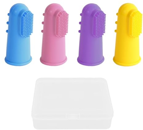4 stycken fingertandborstar för husdjur med 1 styck förvaringslåda, finger- och hundtandborste, mjuk silikon-husdjur-fingerborste, liten hundtandborste (blå, rosa, lila och gul)