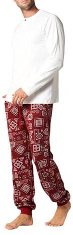 Goldenpoint Herren Pyjama Set Regular Muster Bandana mit Langarmshirt und Hose mit Manschette, Weiß, S