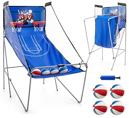 COSTWAY 8 in 1 Basketballautomat, elektrischer Baskeltballständer klappbar, Schießmaschine mit 4 Bällen, 8 Spielmodi, Luftpumpe für 2 Spieler, Arcade Basketballspiel für Kinder Erwachsene