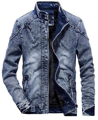 ZDJSWJ Herrkappa med hög krage denim ledig jacka med dragkedja smal jeansjacka truckerjacka, Färg: blå, XL