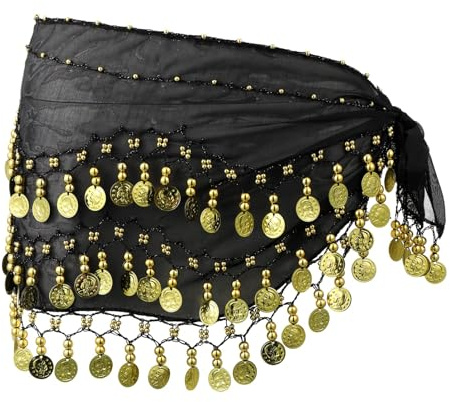 Hip Scarf 1pcs Bauchtanz Hüfttuch Schwarz Bauchtanz Gürtel Bauchtanz Kostüm Damen Tanztuch mit Münzen Chiffon Hüfttuch,für Mädchen Frau Performance Kostüm Yoga Kurs