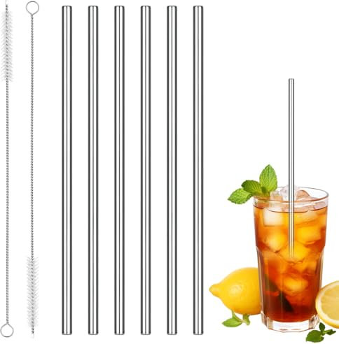 VINEST 6 Stück Strohhalme Edelstahl 304, Strohhalm Wiederverwendbar mit 2 Reinigungsbürsten, Metall Trinkhalme Edelstahl, Spülmaschinenfest Strohhalme für Cocktails Smoothie Säfte (Gerade)