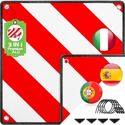 Warmfay Warntafel für Italien Spanien und Portugal Fahrradträger, 3 In 1 Alu Rot Weiß Reflektierend Warnschild 50x50CM mit 4X Spannseile, Zertifizierte für Fahrradträger Heckträger Auto Wohnmobil