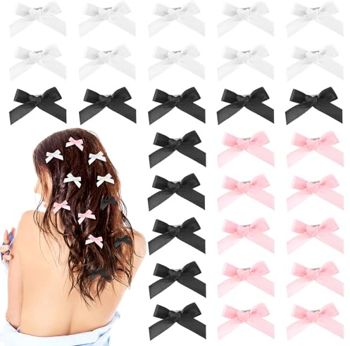 30 Stück Mini Schleife Haarspangen, Süß Haarschleife Haarschmuck Satinschleifen Haarclips Niedlich Einfarbig Hair Accessories Klein Haarklammern für Damen Mädchen Frauen Kinder(Rosa+Schwarz+Weiß)