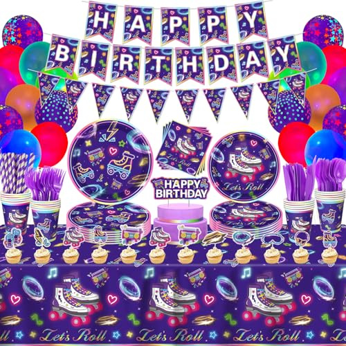 158 Pack Roller Skating Party Supplies Roll Theme Birthday Decoration Roller Skate Birthday Party Tableware Set Let's Roll Tableware Packs Serves 20