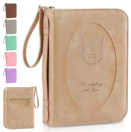 Bibelhülle aus Leder für Damen, florales Bibeletui mit Griff, Hellbraun